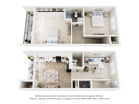 A white 3D floor plan of a small apartment with a kitchen, living room, and bathroom.